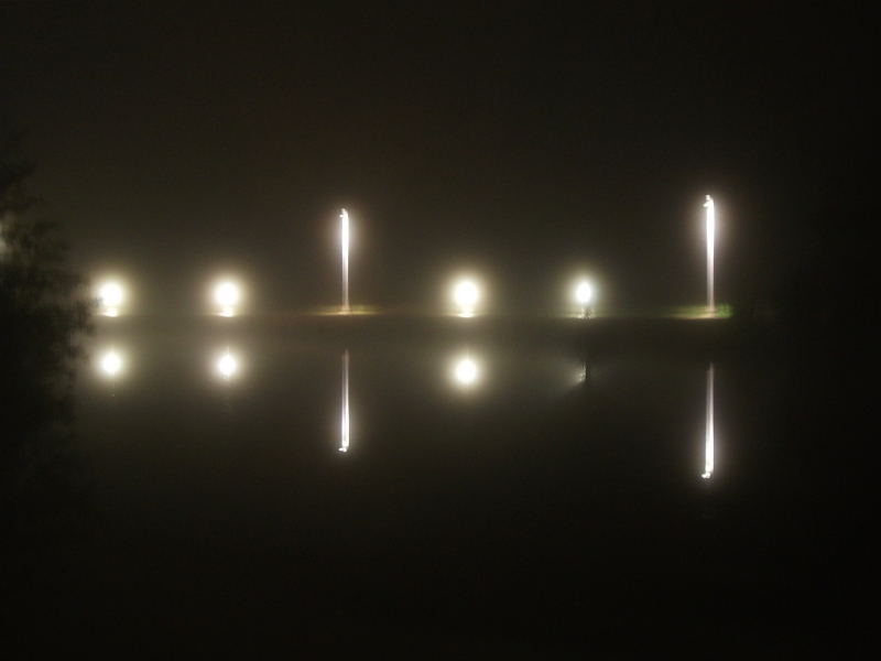 Walkway lights reflect on the lake