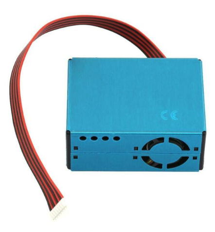  Blue PMS5003 sensor box with a fan and 6-wire cable coming out of it.