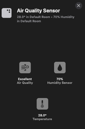 Screenshot of Apple's HomeKit app, showing the Air Quality+Humidity+Temperature readings. Air Quality is "Excellent".