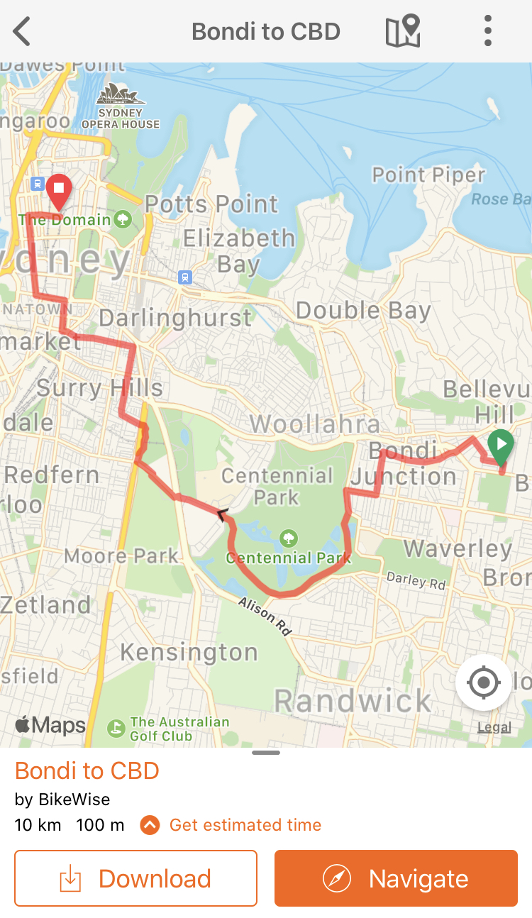 A route from Bondi to City via Centennial Park in RideWithGPS app
