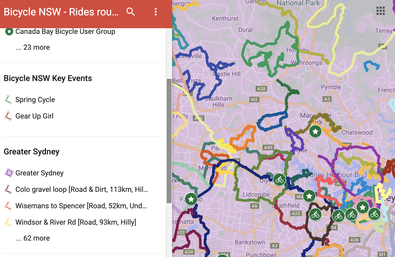 Bicyle NSW's map overlaid on Google Maps