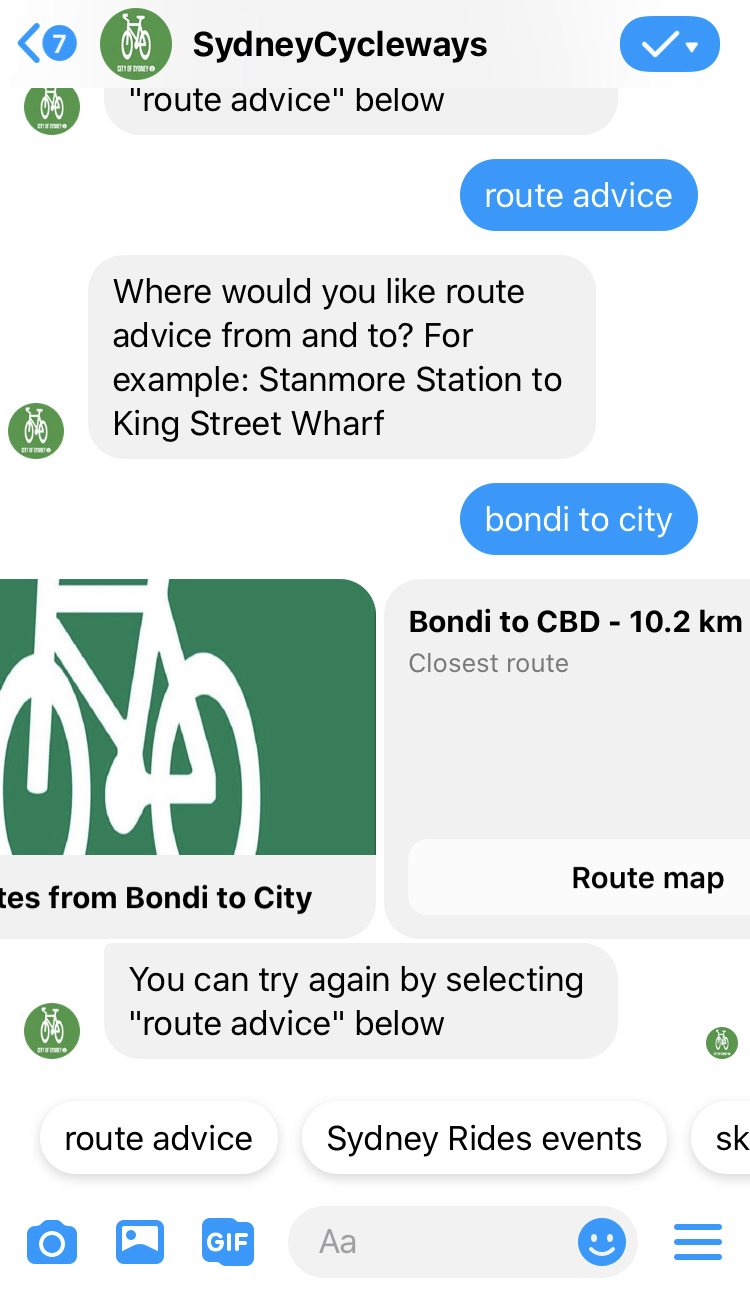 A chat message with SydneyCycleways chatbot, asking for route advice Bondi to City and getting back two route options