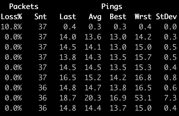 Table: shows packet loss, average/best/worst ping times, per-hop along an internet route.