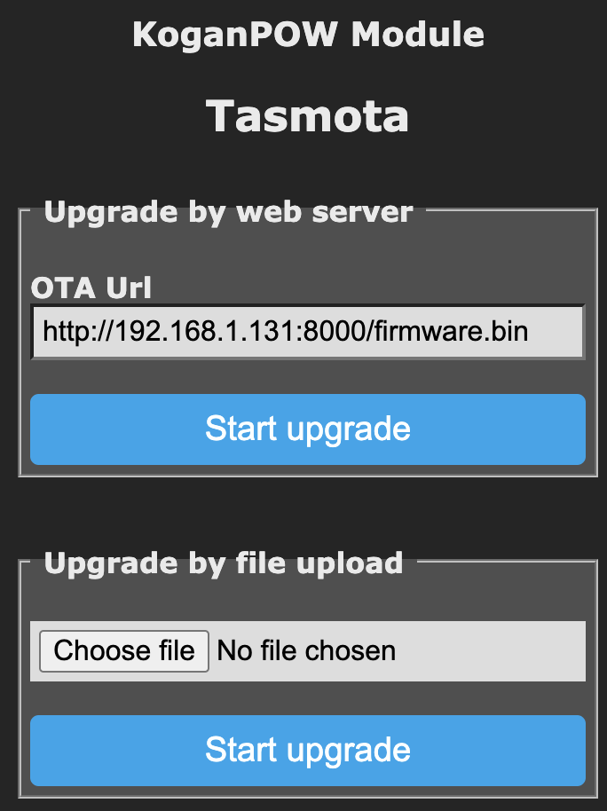 Tasmota Web UI: option to upload file or enter OTA URL of a firmware address.