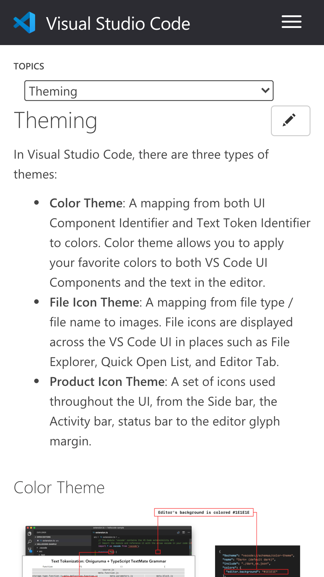 Visual Studio Code docs for theming. There is a pencil-edit-this-page button and nav dropdown.