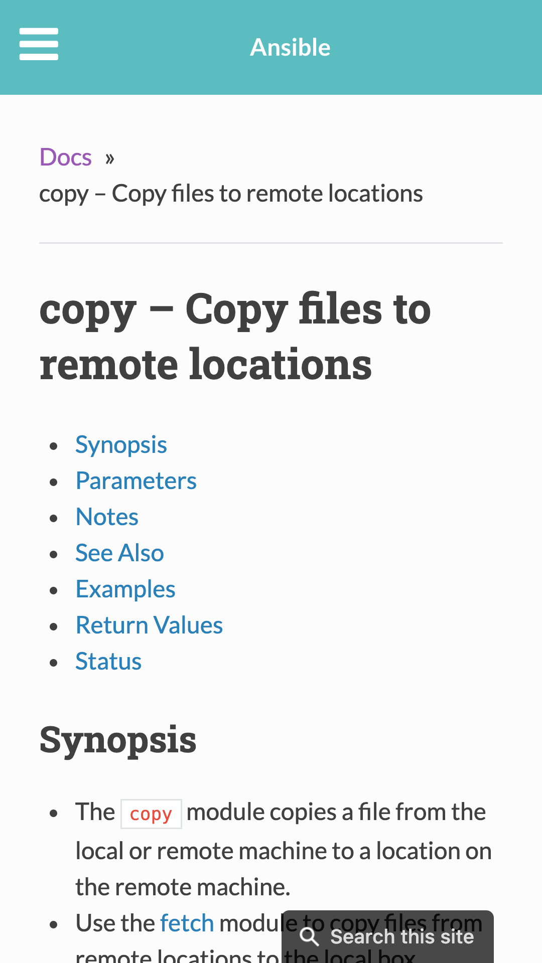 Ansible docs for 'copy' module, mobile UI. Table of contents, and synopsis, with a search button.