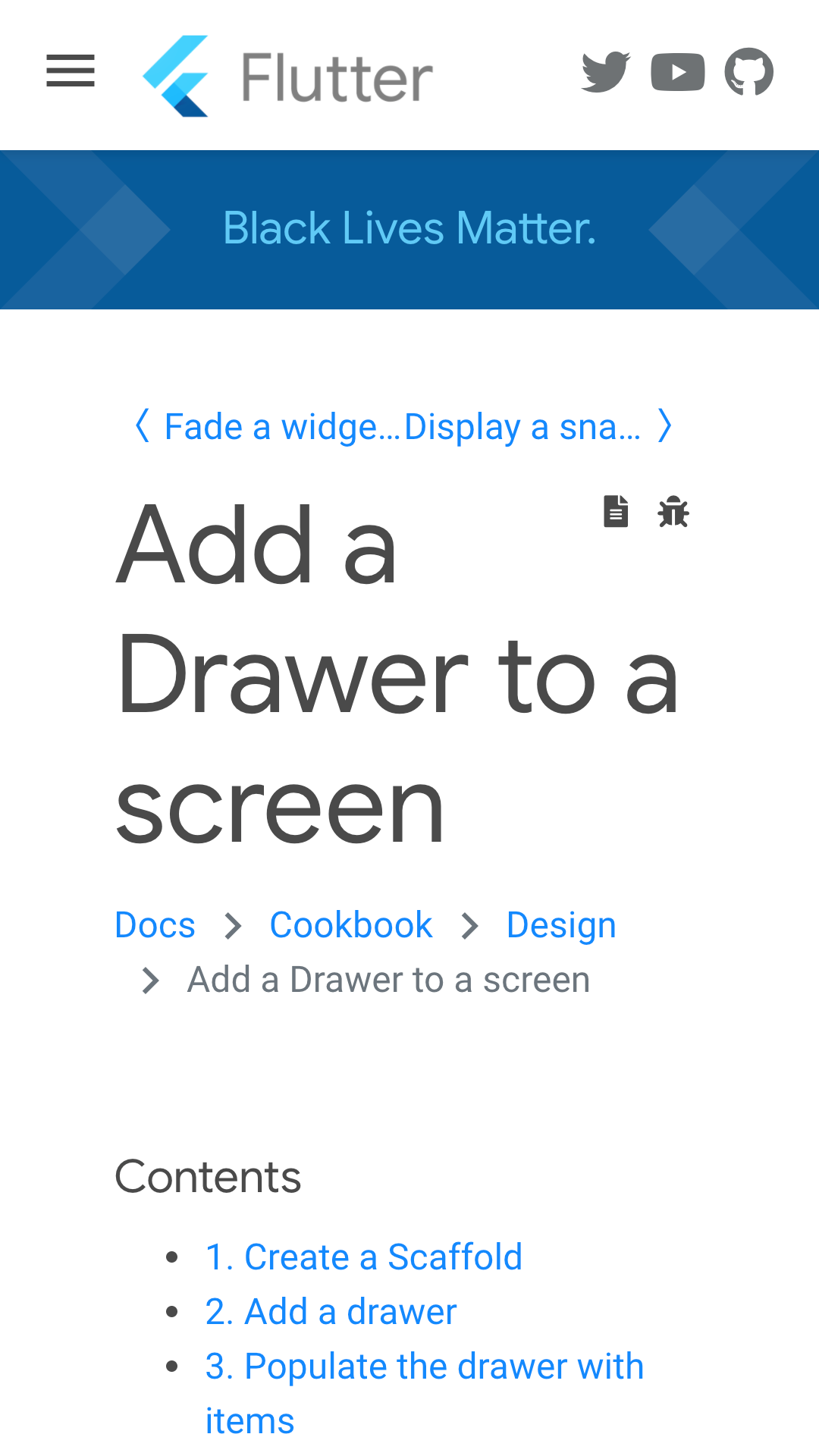 Flutter docs page on mobile. Nav bar, black lives matter header, prev/next buttons, bug link, edit link, header, table of contents.