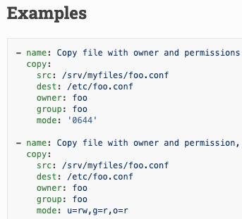 Two YAML examples of Ansible configuration of the 'copy' module in the docs page.