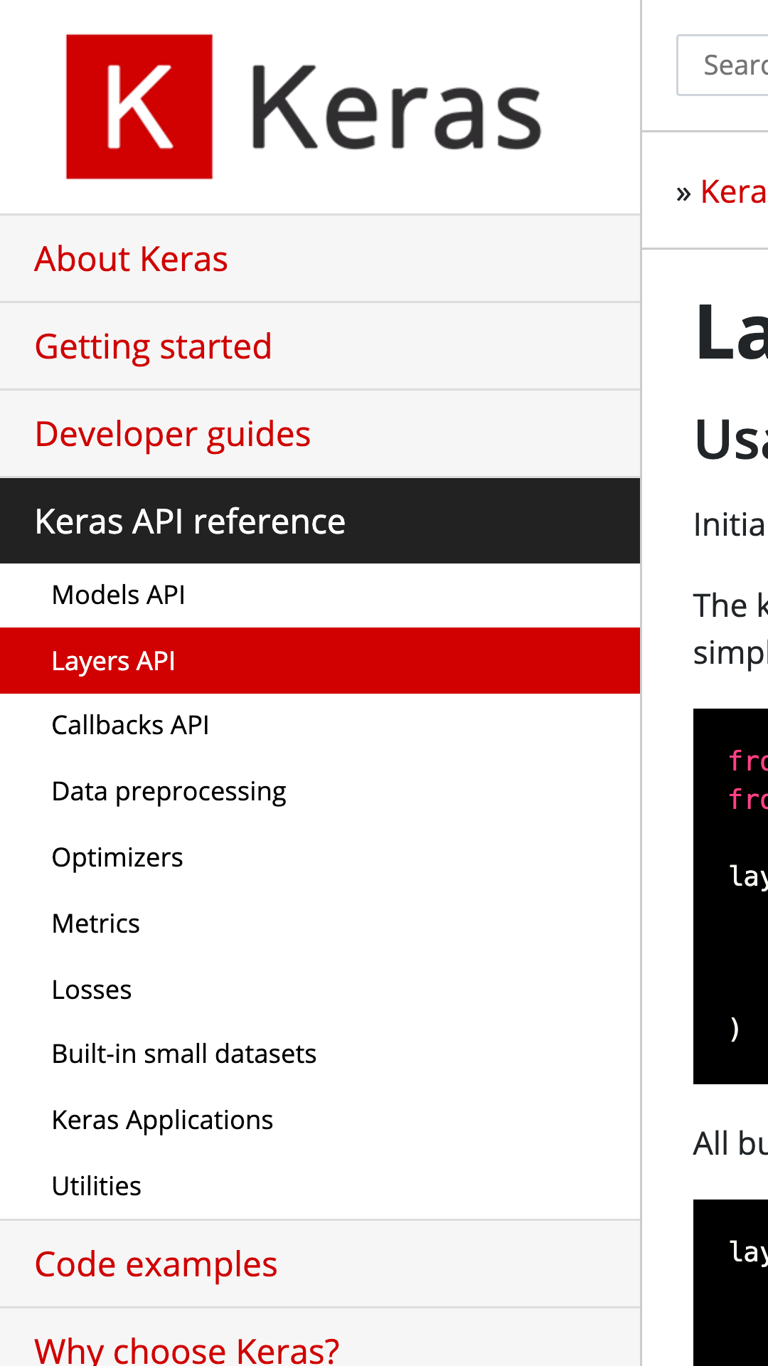 A mobile-UI-sized Keras docs, but all we see is a nav menu because they haven't optimized for mobile.