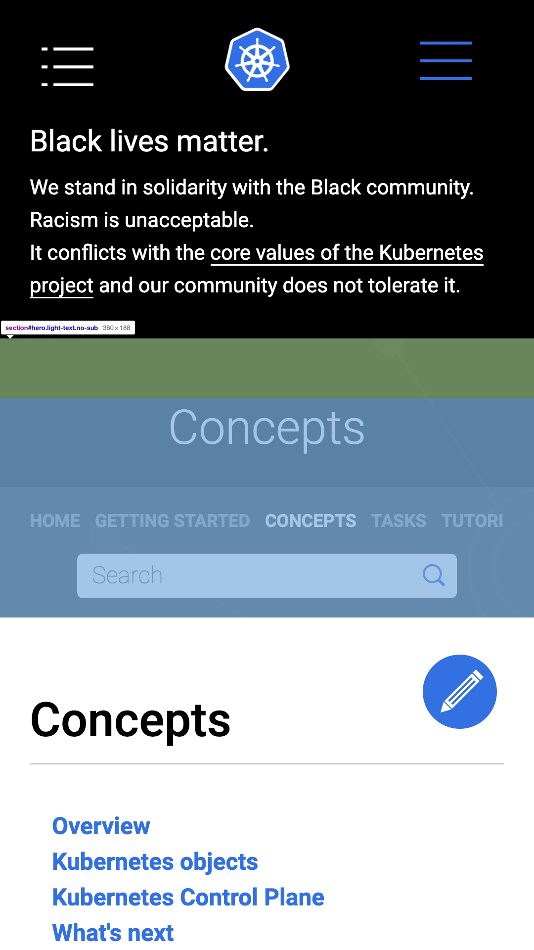 Kubernetes mobile docs. A Black Lives Matter banner up the top calling out that racism is against core values of Kubernetes, followed by header, nav bar,search, docs.