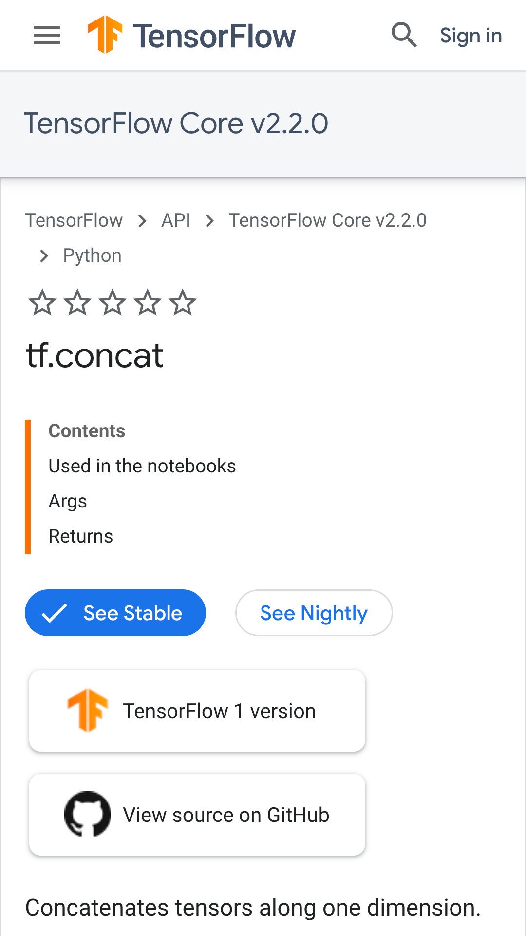 Tensorflow API docs for tf.concat method, mobile UI. The API docs are versioned, and there is a survey for rating the docs 1-5 stars