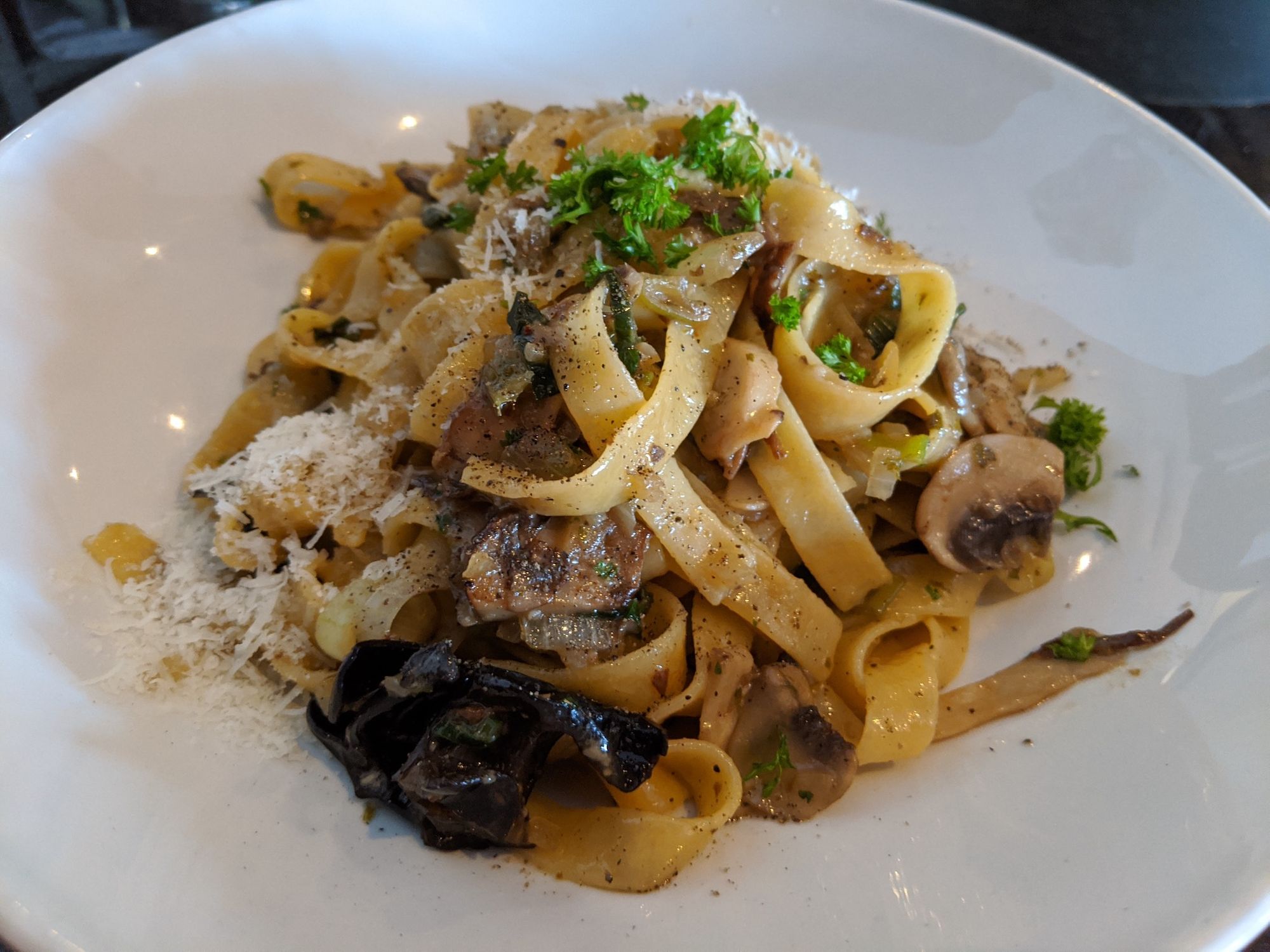 Plated mushroom pasta with thick noodles, parmesan and parsley on top.