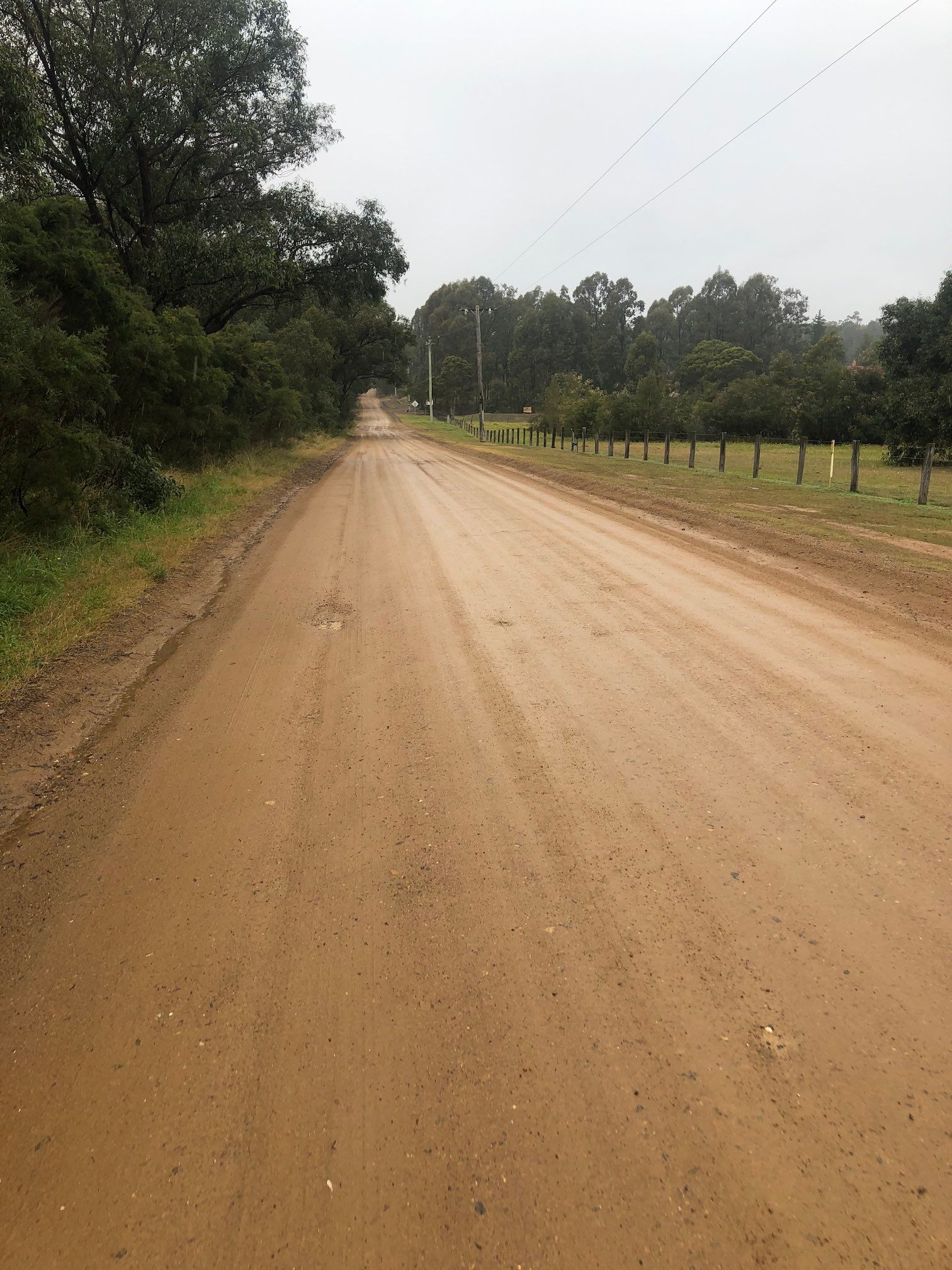 Packed dirt road, about 2 lanes wide, wet.