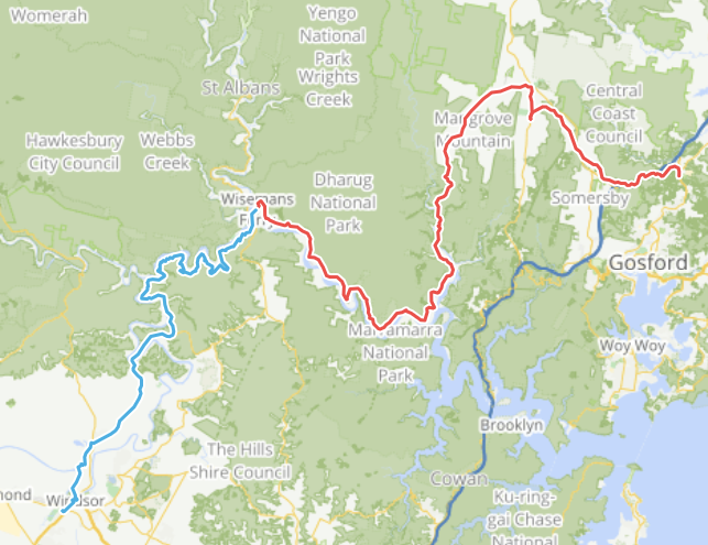 Map, starting in Windsor, to Wisemans Ferry, to Mangrove Mountain and Ourimbah.