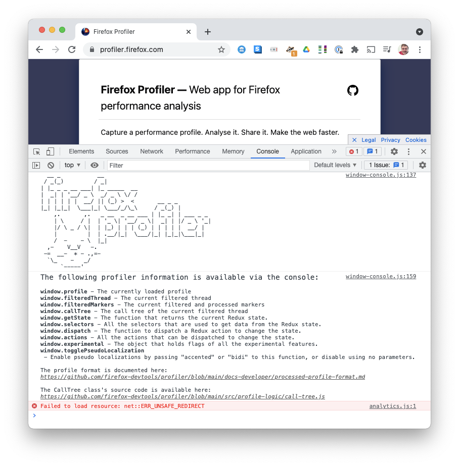 A screenshot of Firefox Profiler with the devtools console open. The following profiler information is available via the console: window.profile - The currently loaded profile, window.filteredThread - The current filtered thread, ...