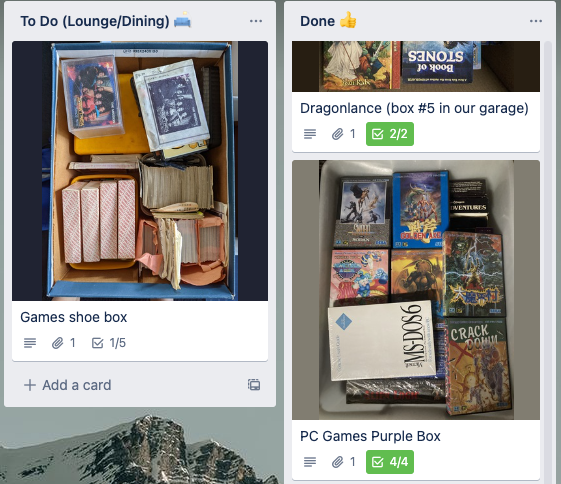 Trello Board: one column To Do (Lounge / Dining) contains "Games Shoe Box". Another column "Done" contains "PC Games Purple Box".