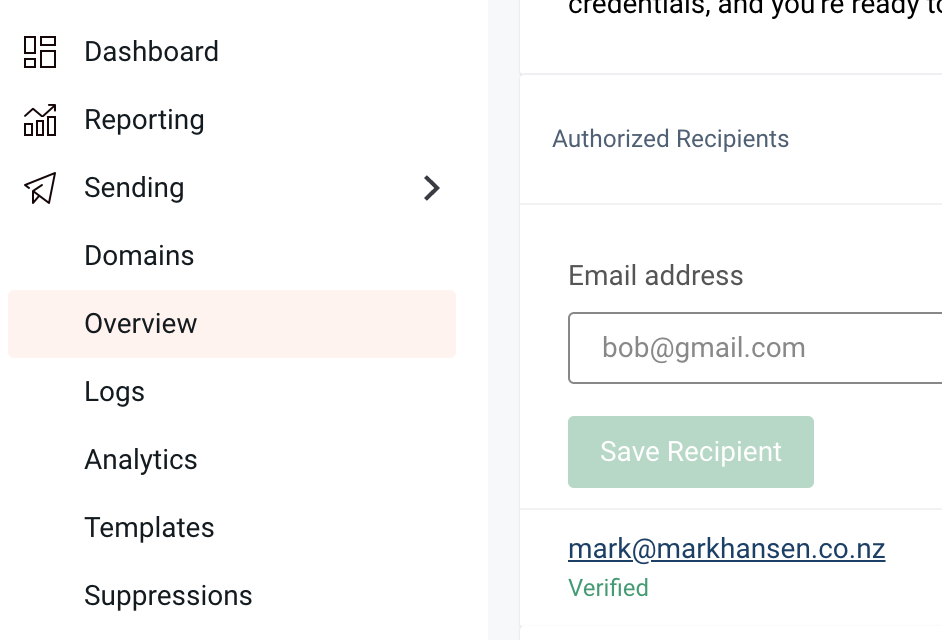 Screenshot of Mailgun. left nav: sending, overview. right side: Authorized recipients, textbox to enter email.