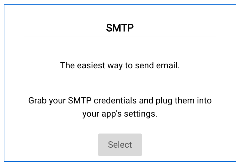 Screenshot of Mailgun. SMTP. The easiest way to send email. Select