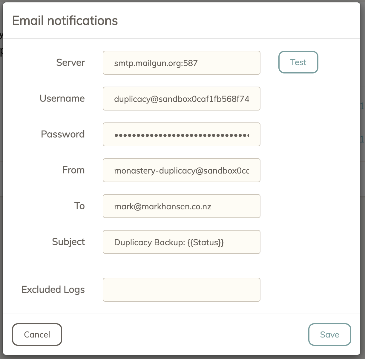 Duplicacy email notifications dialog. Server
