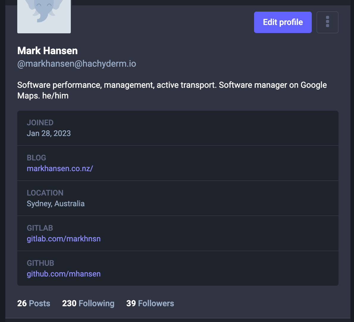 My Mastodon profile. No verified links. BLOG markhansen.co.nz