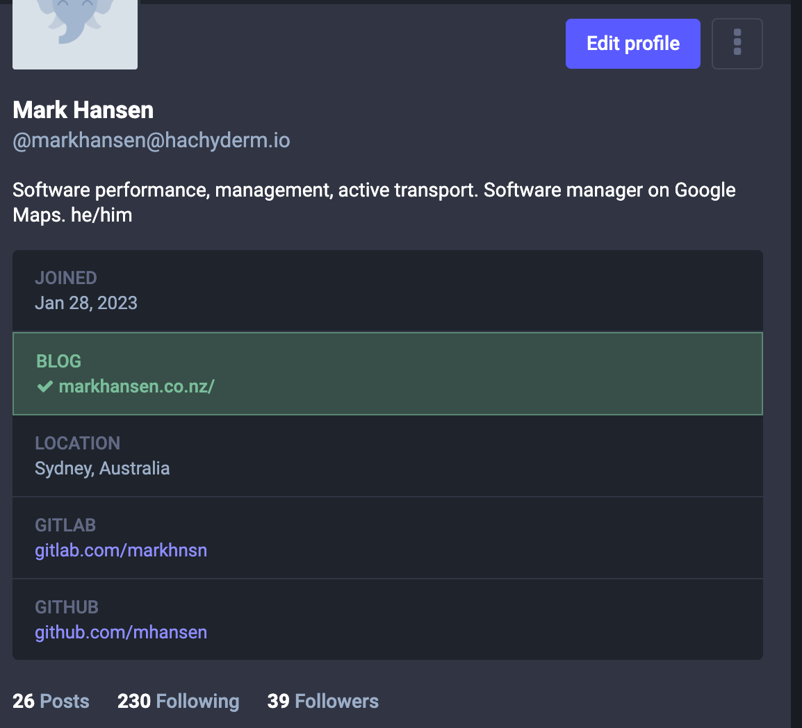 My mastodon profile, with BLOG markhansen.co.nz highlighted and ticked.