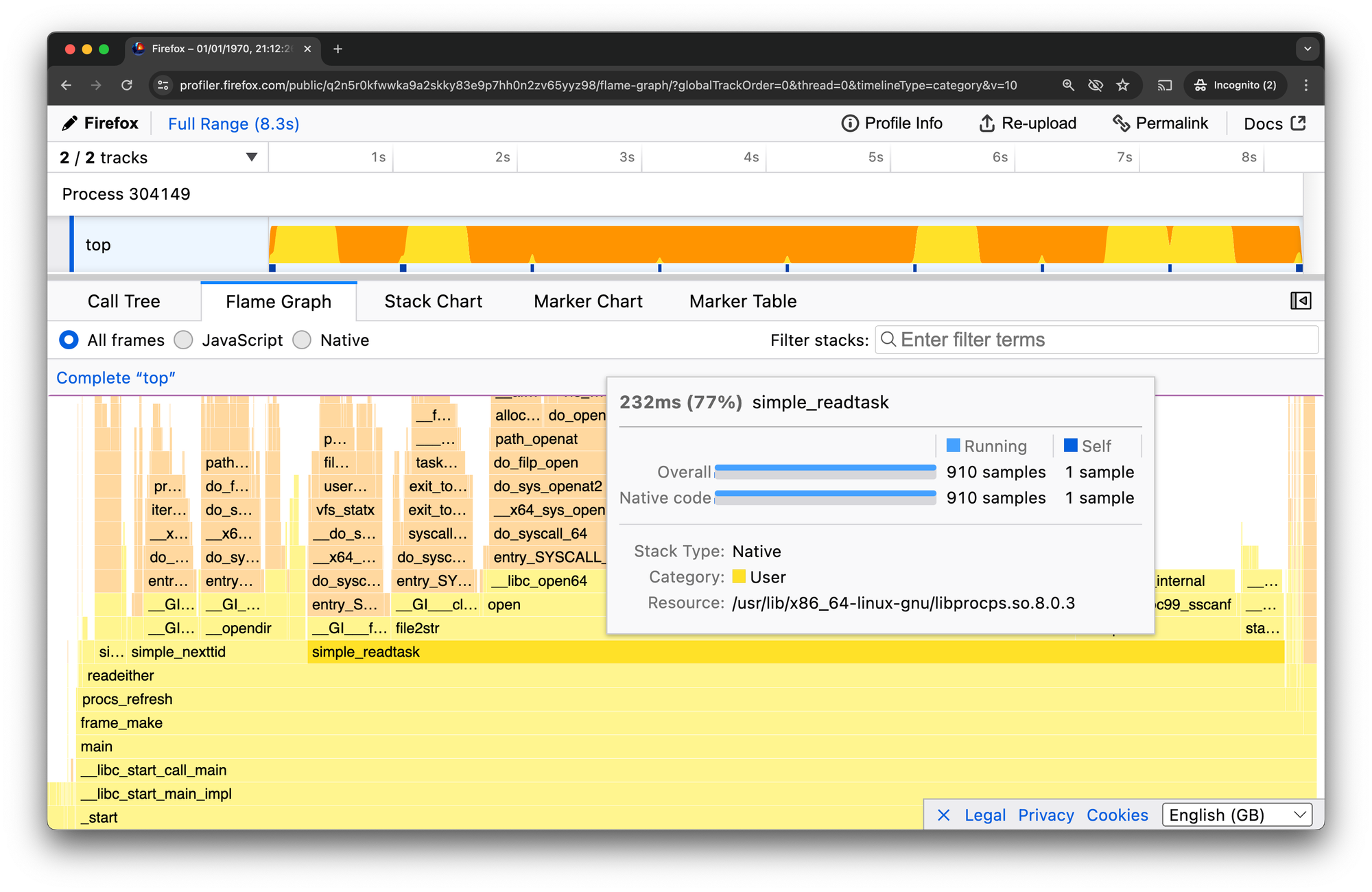 Firefox Profiler, open to a profile, you see userland stack frames like main, libc_open, and kernel frames like 'do_sys_openat2'.