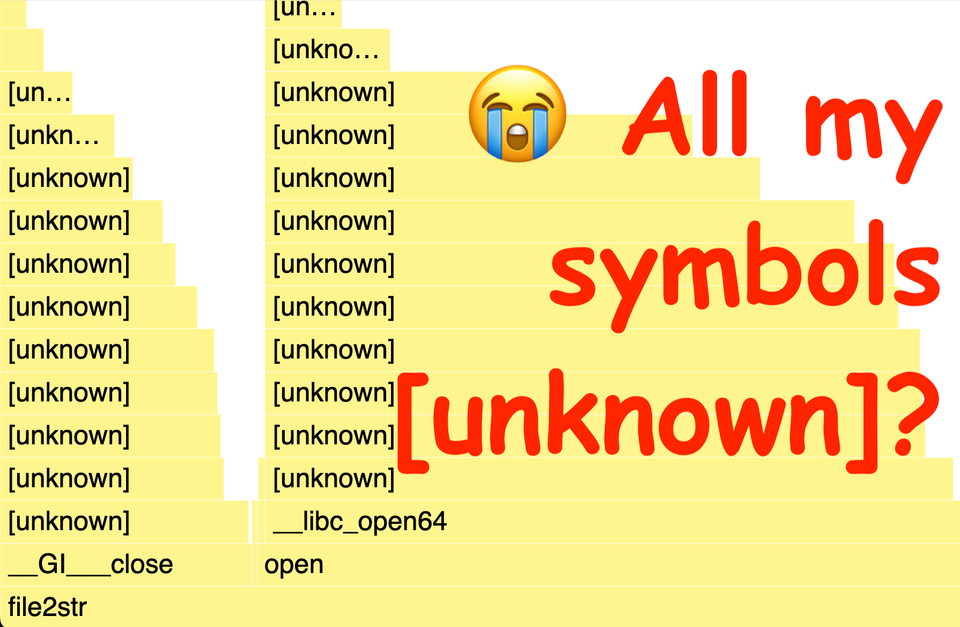 A flamegraph, where most of the stack is [unknown], only some frames at the bottom are visible: open, file2str